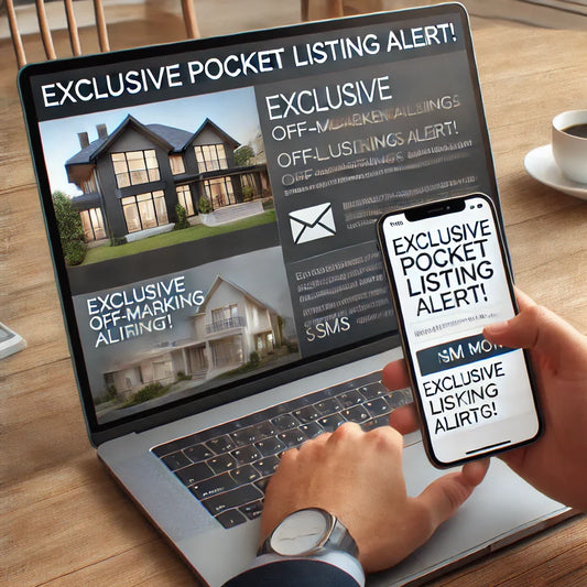 A real estate agent using a laptop and smartphone to send email and SMS blasts about exclusive off-market properties, with a sleek email marketing interface on the screen and an SMS notification. A stylish home is visible in the background.